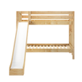 Natural pine loft bed with built-in white slide, slatted wooden frame, safety rails and open under-bed play area for a children's bedroom