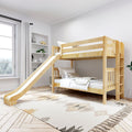 Kids bunk bed with slide — natural wood frame in a bright modern children's bedroom with white bedding, ladder, rug and built‑in shelves