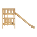 Wooden children's playset loft with safety railing and attached slide, natural pine outdoor play structure for kids