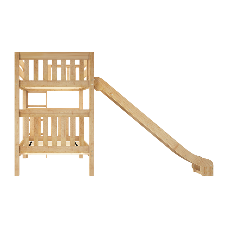 Wooden children's playset loft with safety railing and attached slide, natural pine outdoor play structure for kids