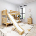 Wooden bunk bed with slide in a neutral modern kids' bedroom with white curtains, window, plant and bedside lamp