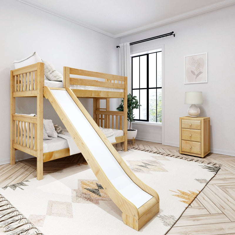Wooden bunk bed with slide in a neutral modern kids' bedroom with white curtains, window, plant and bedside lamp