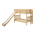 Kids' wooden loft bunk bed with slide, solid natural pine twin-over-full design with ladder, guardrails and slatted mattress support for children's bedroom or playroom