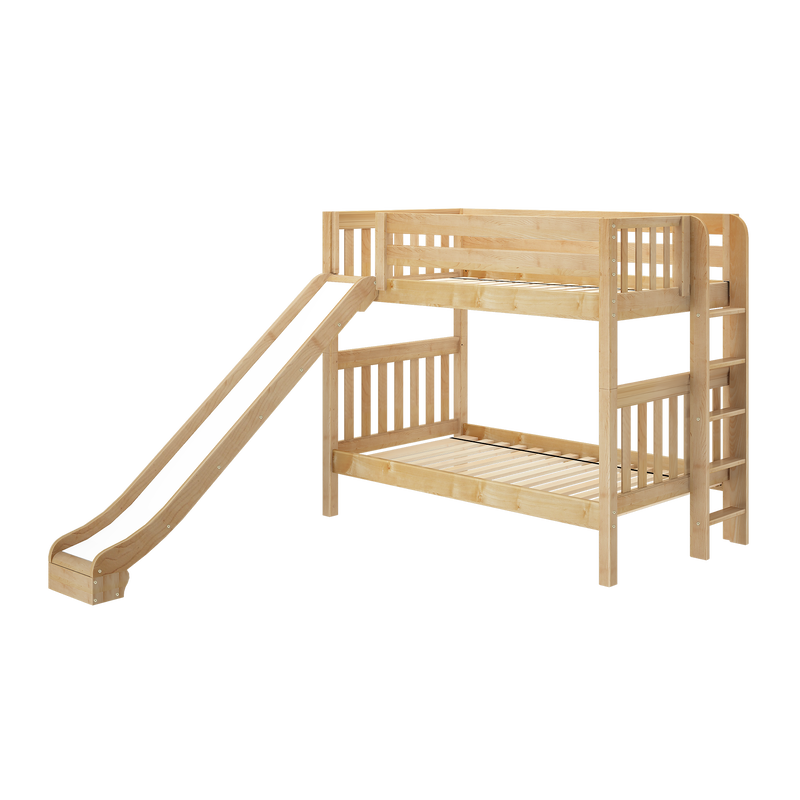 Kids' wooden loft bunk bed with slide, solid natural pine twin-over-full design with ladder, guardrails and slatted mattress support for children's bedroom or playroom