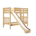 Natural wood kids loft bed with built-in white slide, safety guardrails and ladder, solid pine finish
