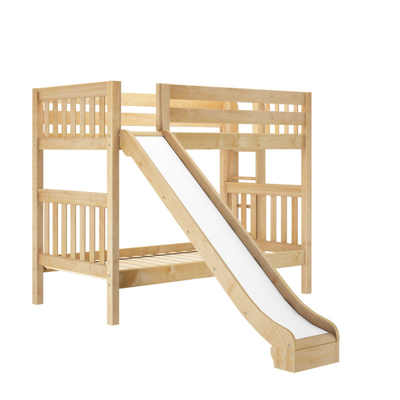 Natural wood kids loft bed with built-in white slide, safety guardrails and ladder, solid pine finish