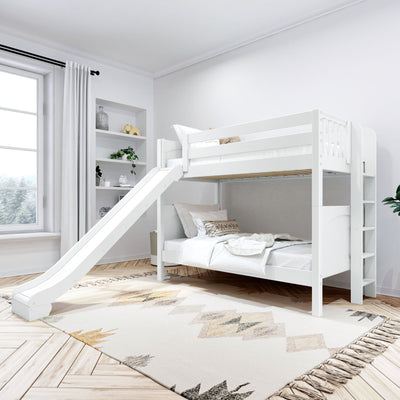 White kids bunk bed with slide in a bright Scandinavian-style children's bedroom with shelving, plants, natural light and neutral rug