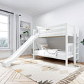 Bright modern kids' bedroom featuring a white bunk bed with slide, built-in shelving, white curtains, and patterned rug
