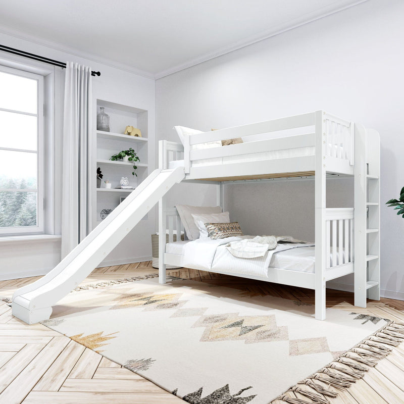 Bright modern kids' bedroom featuring a white bunk bed with slide, built-in shelving, white curtains, and patterned rug