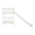 White wooden kids loft bed with guardrail and curved slide, modern toddler bunk bed playhouse with ladder