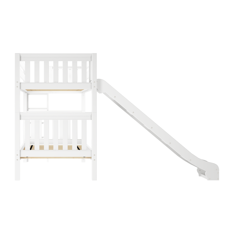 White wooden kids loft bed with guardrail and curved slide, modern toddler bunk bed playhouse with ladder