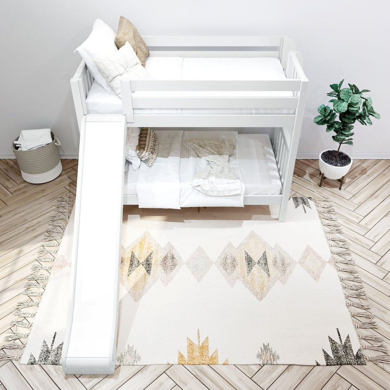 White wooden bunk bed with slide in modern kids bedroom, neutral bedding, woven storage basket, potted plant, herringbone floor
