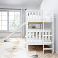 White loft bunk bed in bright Scandinavian kids' bedroom with ladder, large window, white curtains and natural daylight