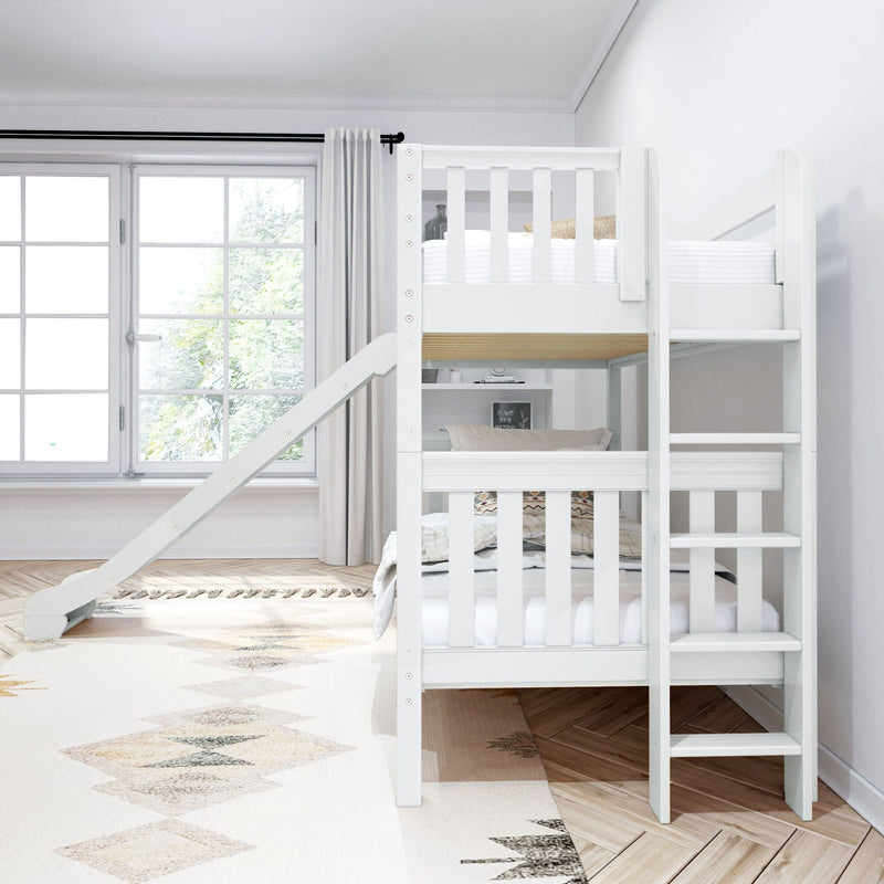 White loft bunk bed in bright Scandinavian kids' bedroom with ladder, large window, white curtains and natural daylight