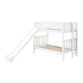 White wooden kids bunk bed with slide and ladder, twin-over-full loft design and slatted mattress supports for children’s bedroom