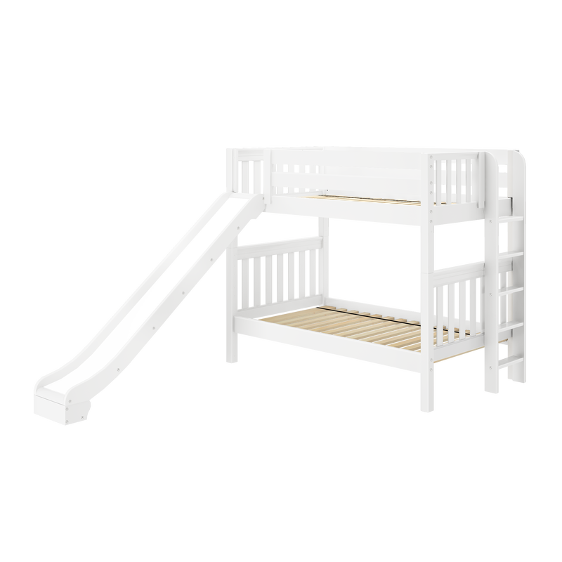 White wooden kids bunk bed with slide and ladder, twin-over-full loft design and slatted mattress supports for children’s bedroom