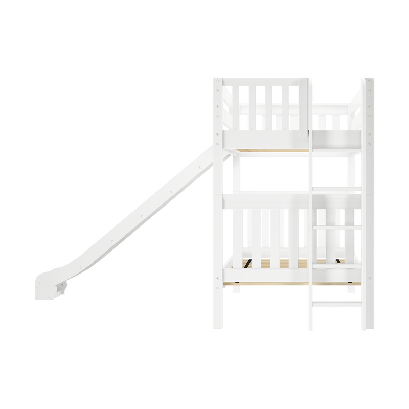 White wooden children's loft bed with slide and ladder, built-in guardrails and under-bed play area, modern kids' bunk bed design