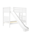 White wooden twin-over-twin loft bunk bed with slide, guardrails, angled ladder and under-bed space for kids' bedroom