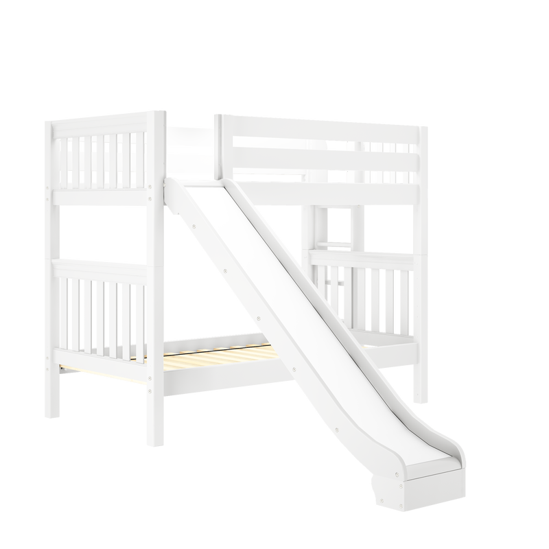 White wooden twin-over-twin loft bunk bed with slide, guardrails, angled ladder and under-bed space for kids' bedroom
