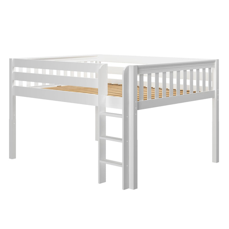 White wooden loft bed frame with ladder and guardrails, slatted platform for twin mattress, modern kids bedroom loft