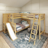 JUMBLE NS : Play Loft Beds High Twin over Full Corner Loft Bunk Bed with Ladder + Slide Platform, Slat, Natural