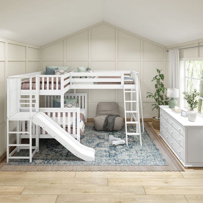 JUMBLE WS : Play Loft Beds High Twin over Full Corner Loft Bunk Bed with Ladder + Slide Platform, Slat, White