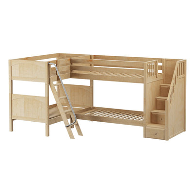 Light natural wood L-shaped bunk bed with built-in staircase and ladder, twin-size slatted frames and under-stair storage drawers — space-saving kids' bedroom furniture