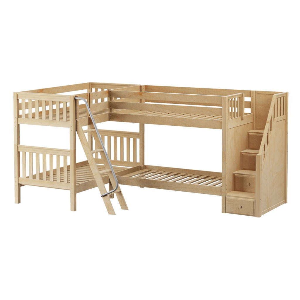 L-shaped solid wood triple bunk bed with storage stairs and ladder in natural finish, space-saving kids bedroom furniture