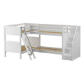 White L-shaped wooden bunk bed with integrated staircase and storage drawers, metal ladder and slatted twin platforms — space-saving kids' bedroom furniture