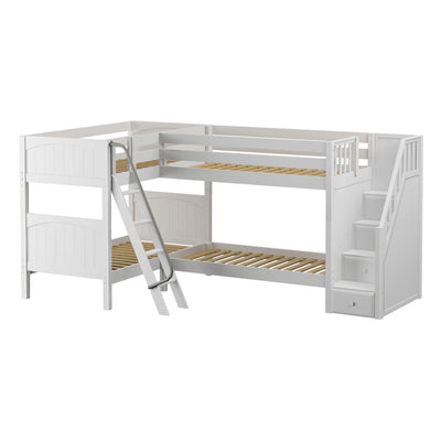White L-shaped wooden bunk bed with integrated staircase and storage drawers, metal ladder and slatted twin platforms — space-saving kids' bedroom furniture