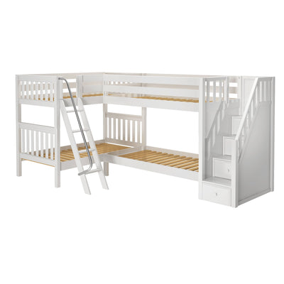 White wooden L-shaped bunk bed with built-in staircase storage drawers and angled ladder, modern space-saving kids bedroom furniture
