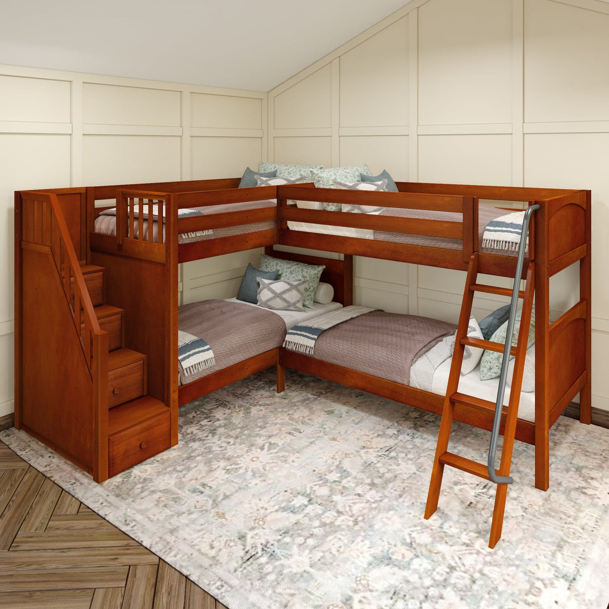 L-shaped wooden bunk bed with built-in stairs and ladder in stylish bedroom.