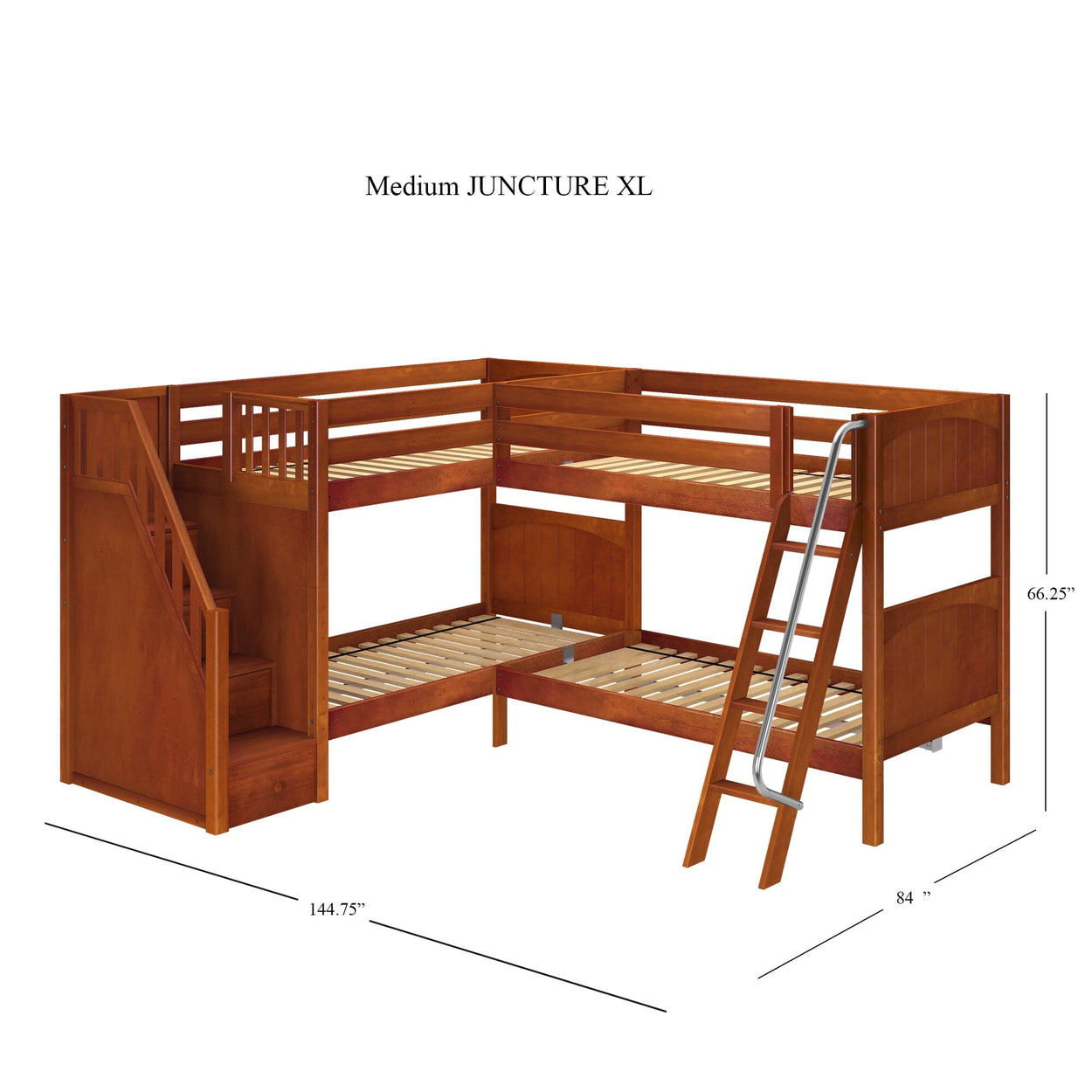 L-shaped wooden bunk bed with stairs and ladder, dimensions 144.75 inches by 84 inches by 66.25 inches.