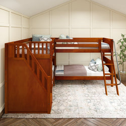 Rustic wooden bunk bed with stairs in a cozy attic room featuring soft cushions and a patterned area rug.