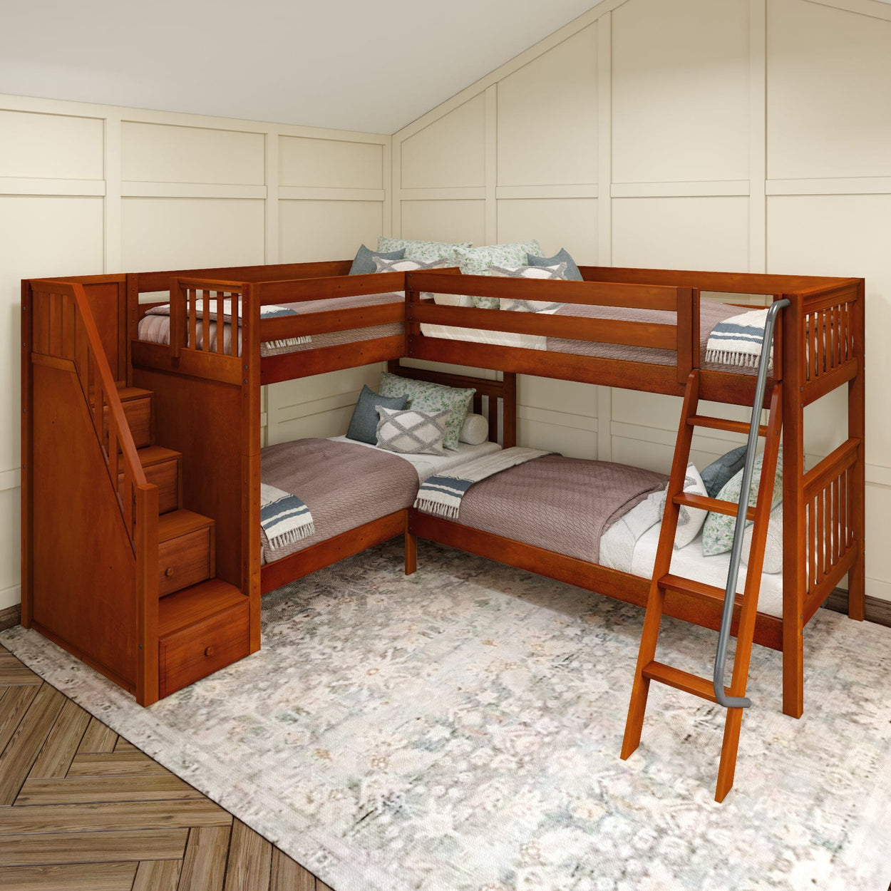 L-shaped wooden bunk bed with storage stairs and ladder in cozy bedroom.