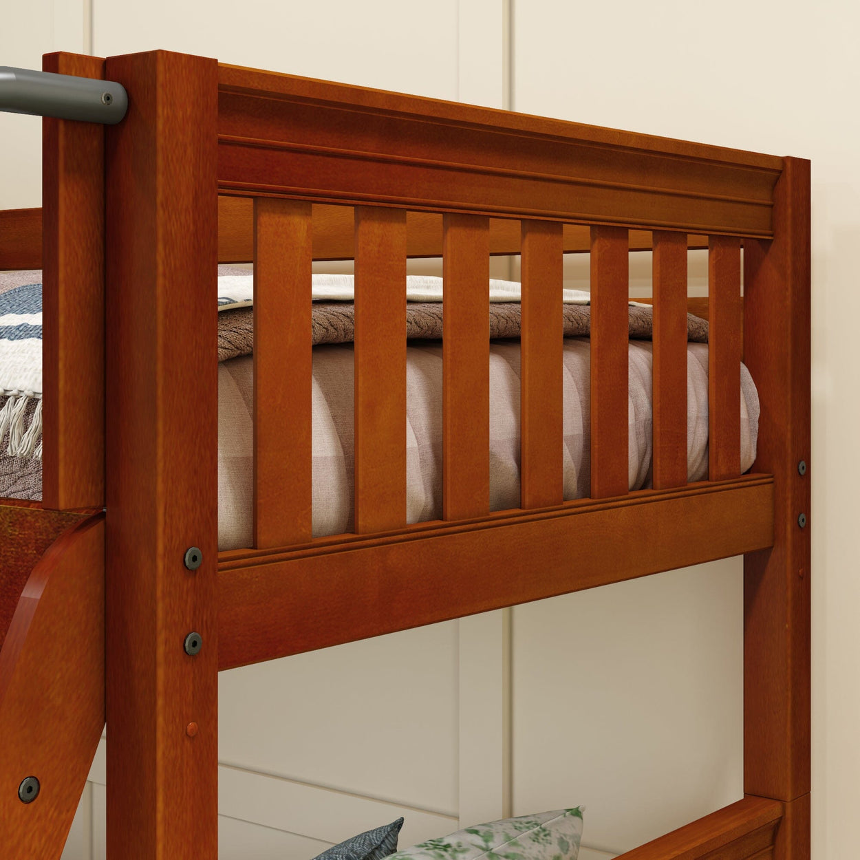 Wooden bunk bed frame with a striped mattress, ideal for kids' bedrooms.