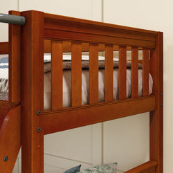 Wooden bunk bed frame with a striped mattress, ideal for kids' bedrooms.