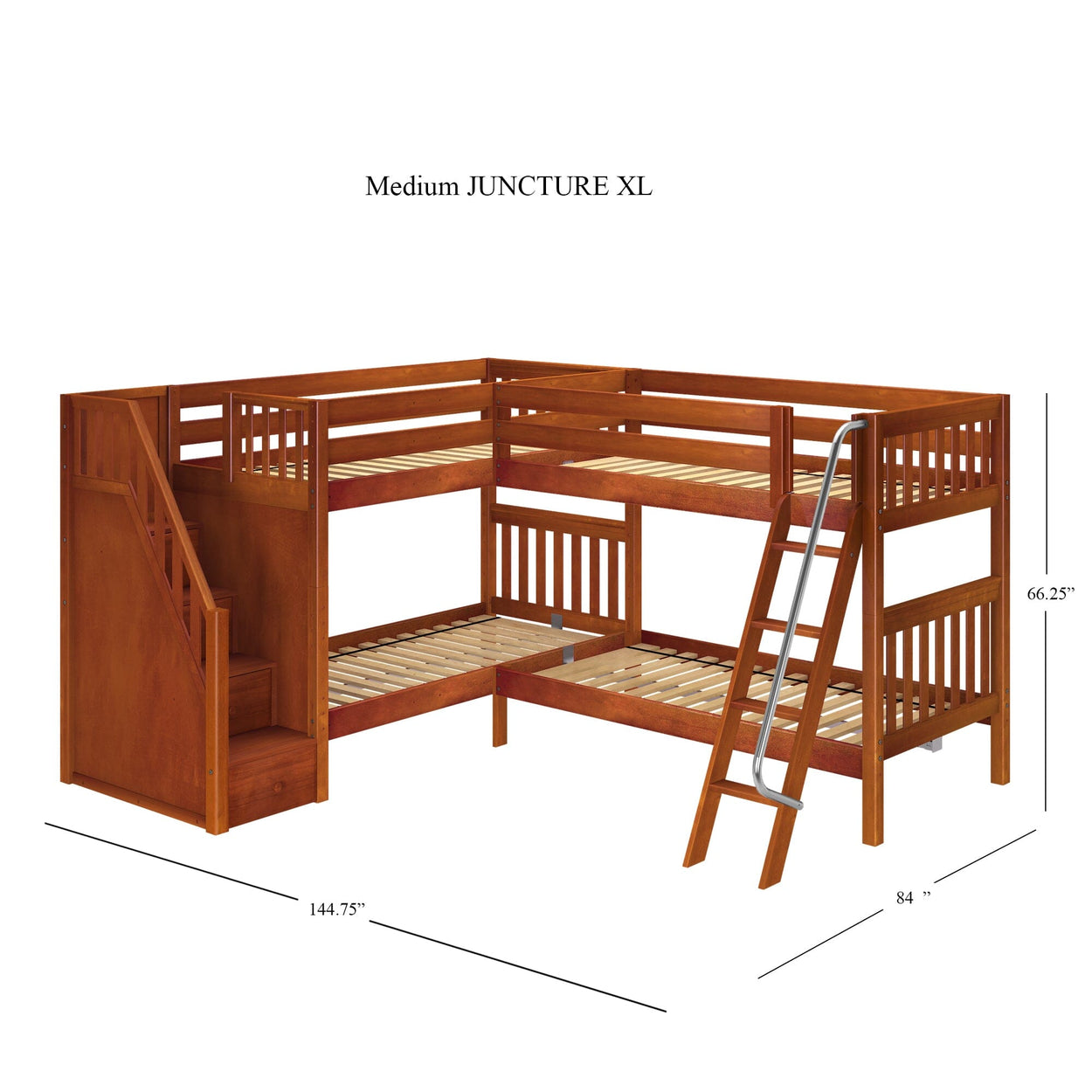 L-shaped wooden bunk bed with ladder and staircase, labeled Medium JUNCTURE XL, measuring 144.75 inches by 84 inches by 66.25 inches.