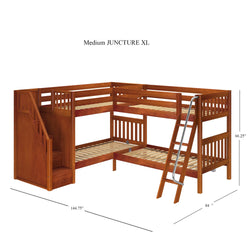 L-shaped wooden bunk bed with ladder and staircase, labeled Medium JUNCTURE XL, measuring 144.75 inches by 84 inches by 66.25 inches.