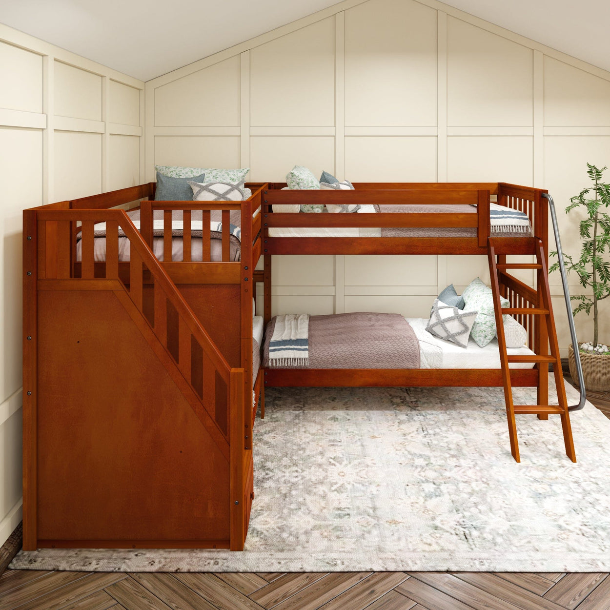 Wooden L-shaped bunk bed with staircase and ladder in a cozy bedroom setting.