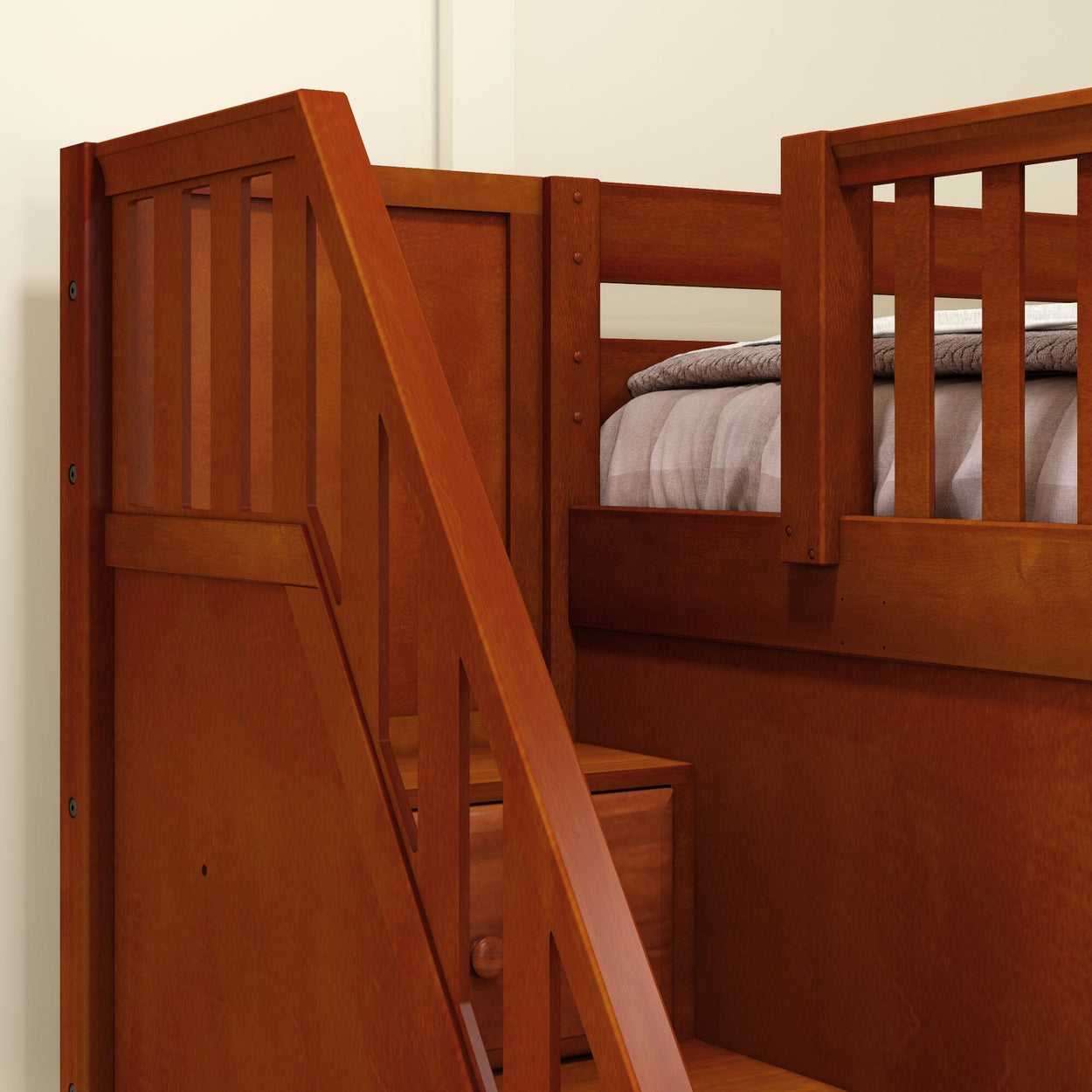 Wooden bunk bed with staircase and storage drawers for efficient space utilization.