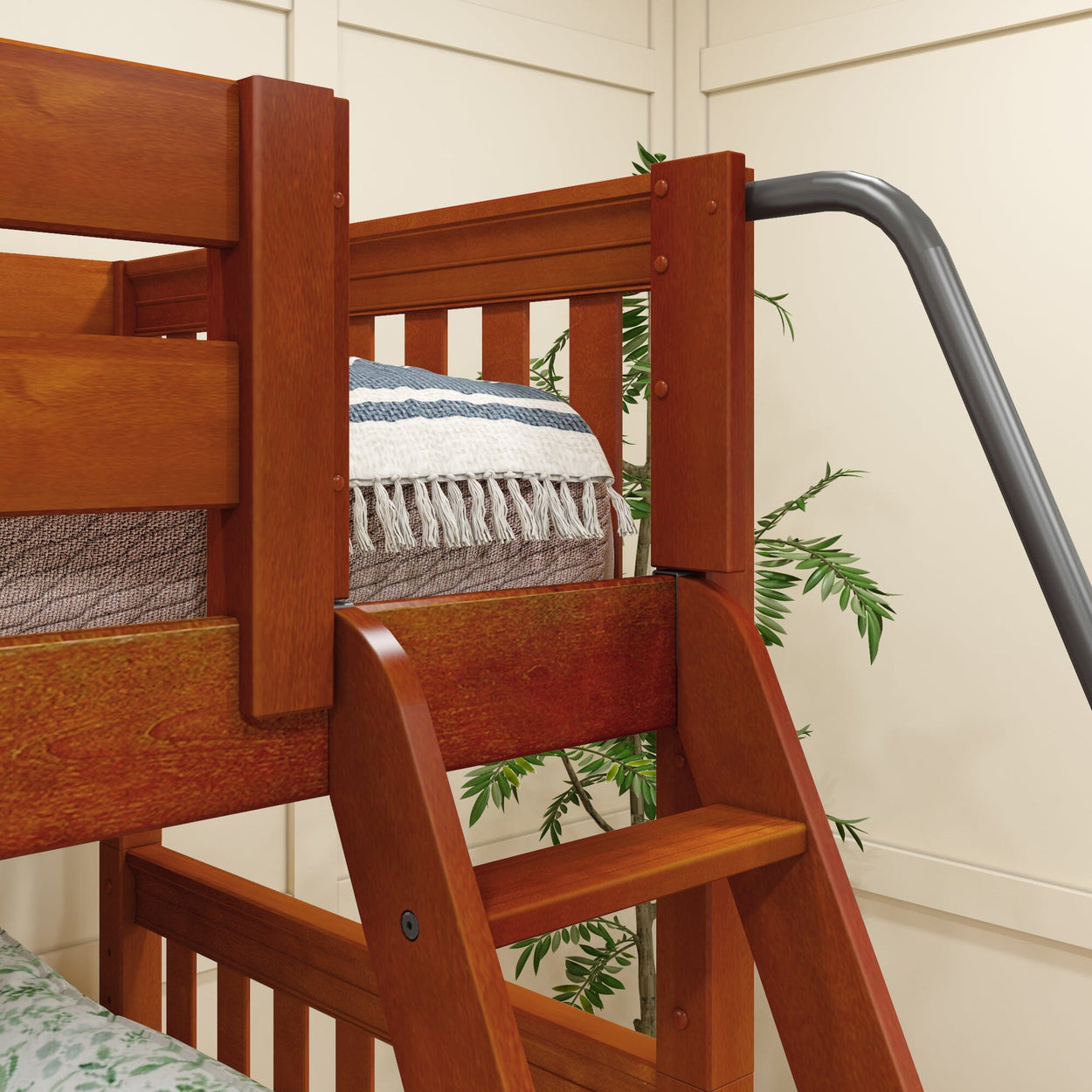 Wooden bunk bed with built-in ladder and decorative bedding in a cozy bedroom setting.