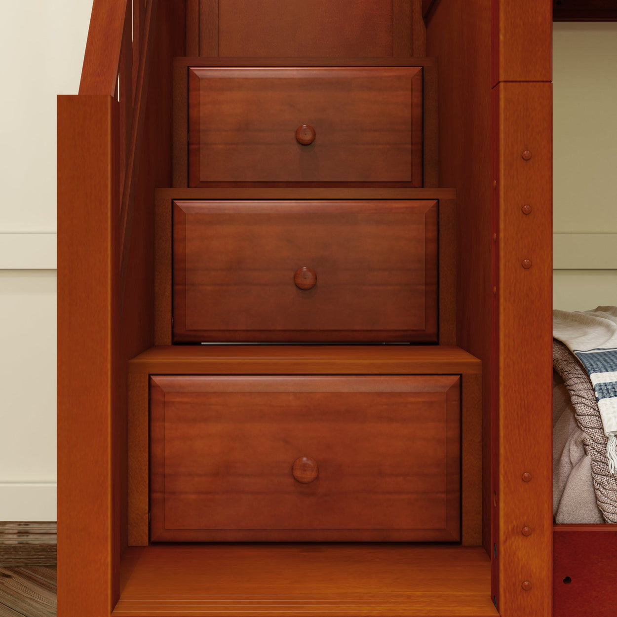Wooden staircase drawers with brown finish for under stairs storage solutions.