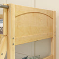 Close-up of a light natural solid wood bunk bed frame with curved guardrail, ladder posts, visible metal fasteners and beige wall