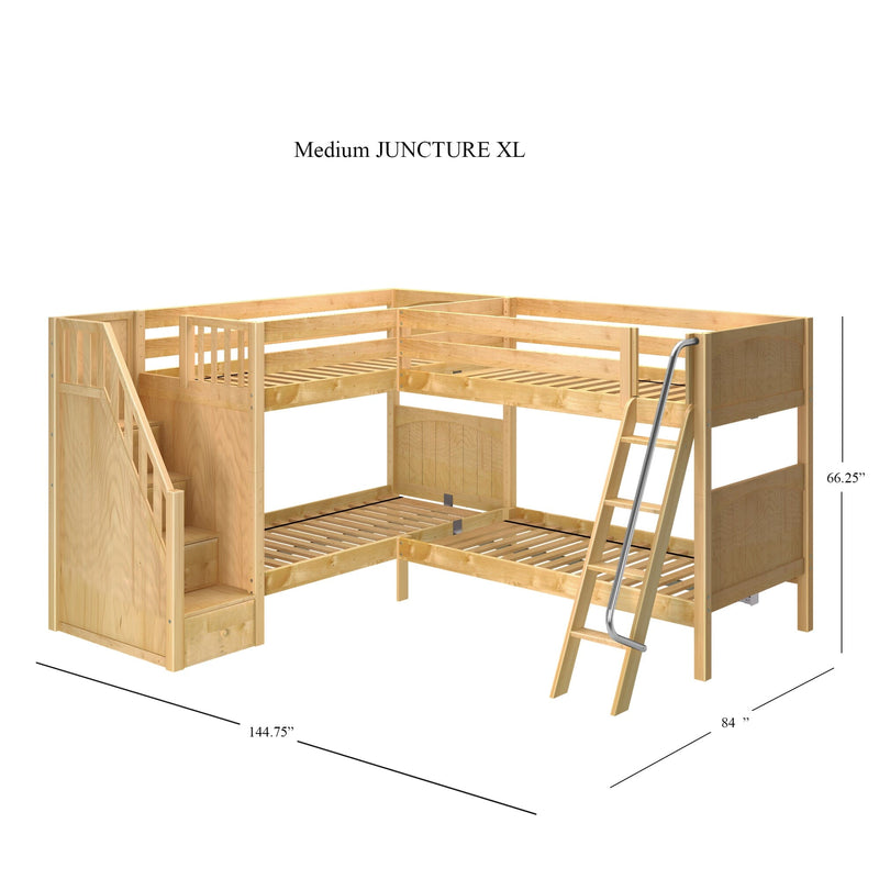 Natural maple L-shaped solid wood bunk bed (Medium JUNCTURE XL) with built-in storage staircase, metal ladder, safety rails and slatted platforms