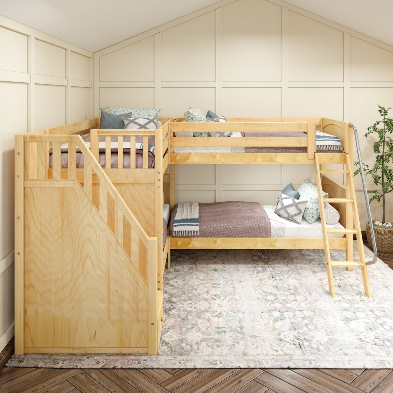 Wooden bunk bed with stairs in a cozy bedroom, featuring neutral wall panels and decorative cushions on a soft carpet.