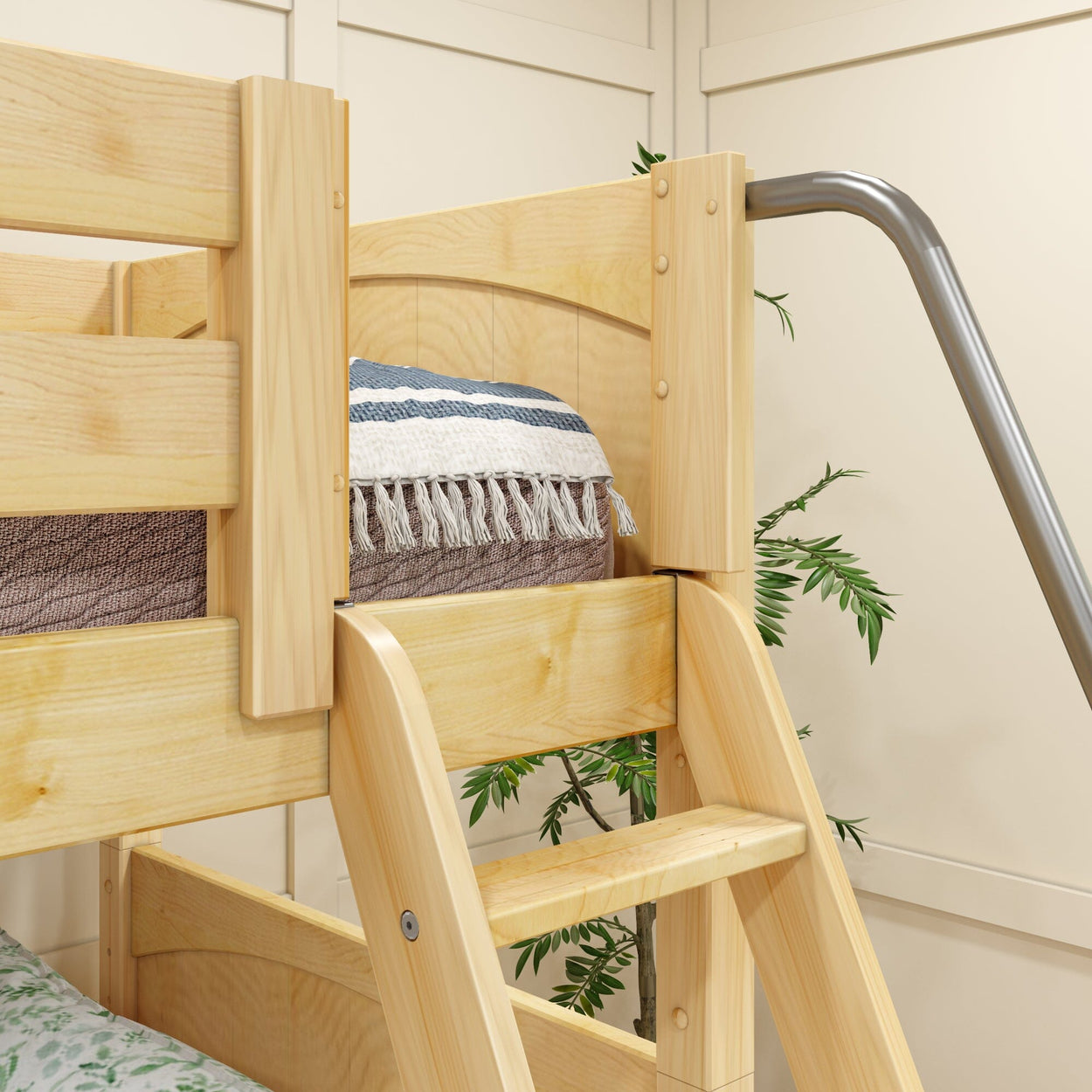 Wooden bunk bed with a ladder and striped blanket in a cozy room.