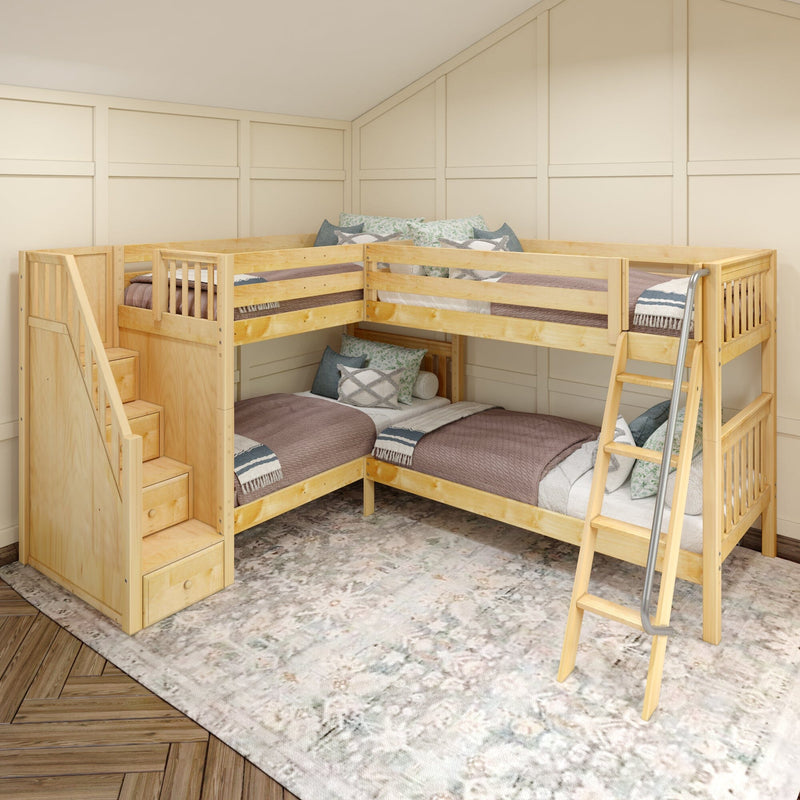 Space-saving natural wood L-shaped bunk beds with built-in stair storage and ladder in a cozy neutral kids' bedroom with paneled cream walls, patterned pillows and area rug