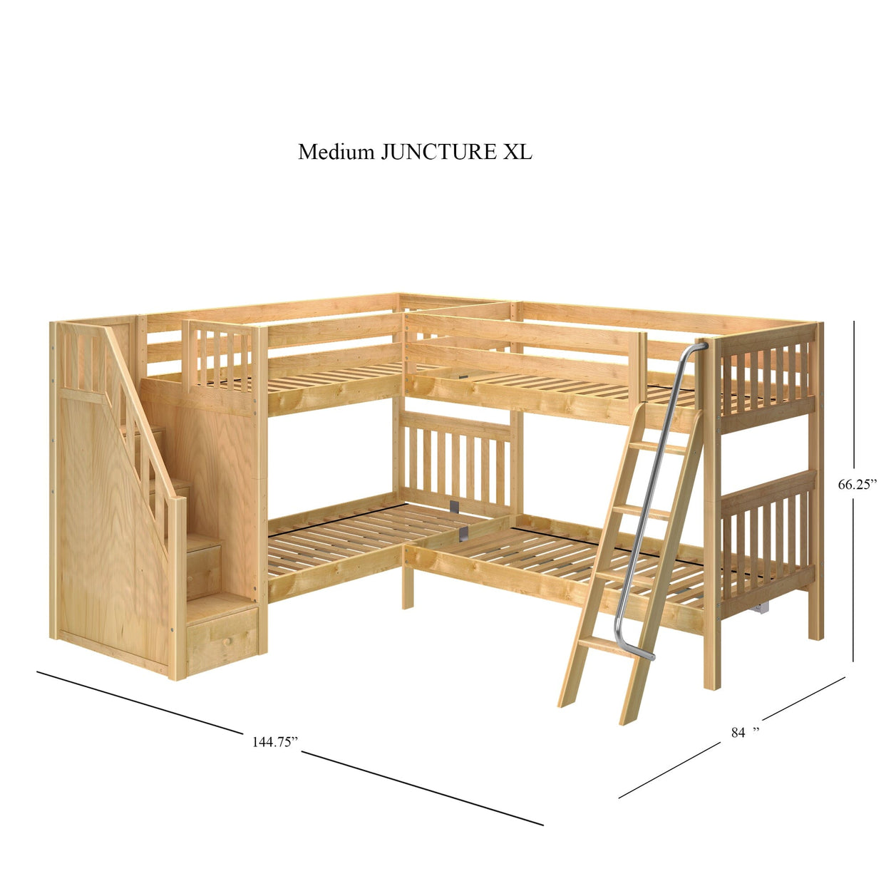 Wooden L-shaped bunk bed with built-in stairs and ladder, labeled "Medium JUNCTURE XL," showing dimensions of 144.75 inches by 84 inches by 66.25 inches.