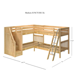 Wooden L-shaped bunk bed with built-in stairs and ladder, labeled "Medium JUNCTURE XL," showing dimensions of 144.75 inches by 84 inches by 66.25 inches.